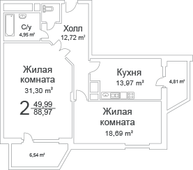 Двухкомнатная квартира 88.97 м²