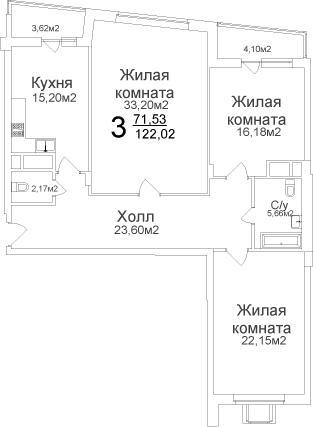 Трёхкомнатная квартира 122.02 м²