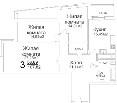 Трёхкомнатная квартира 107.82 м²