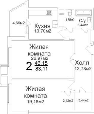 Двухкомнатная квартира 83.11 м²