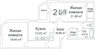 Двухкомнатная квартира 84.17 м²