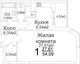 Однокомнатная квартира 54.09 м²