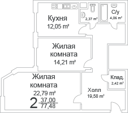 Двухкомнатная квартира 77.48 м²