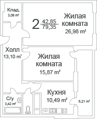 Двухкомнатная квартира 76.97 м²