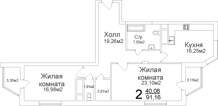Двухкомнатная квартира 91.16 м²