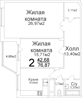 Двухкомнатная квартира 76.87 м²