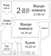 Двухкомнатная квартира 68.47 м²