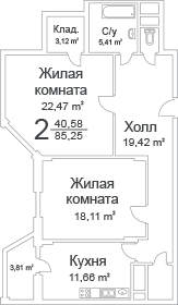 Двухкомнатная квартира 85.25 м²